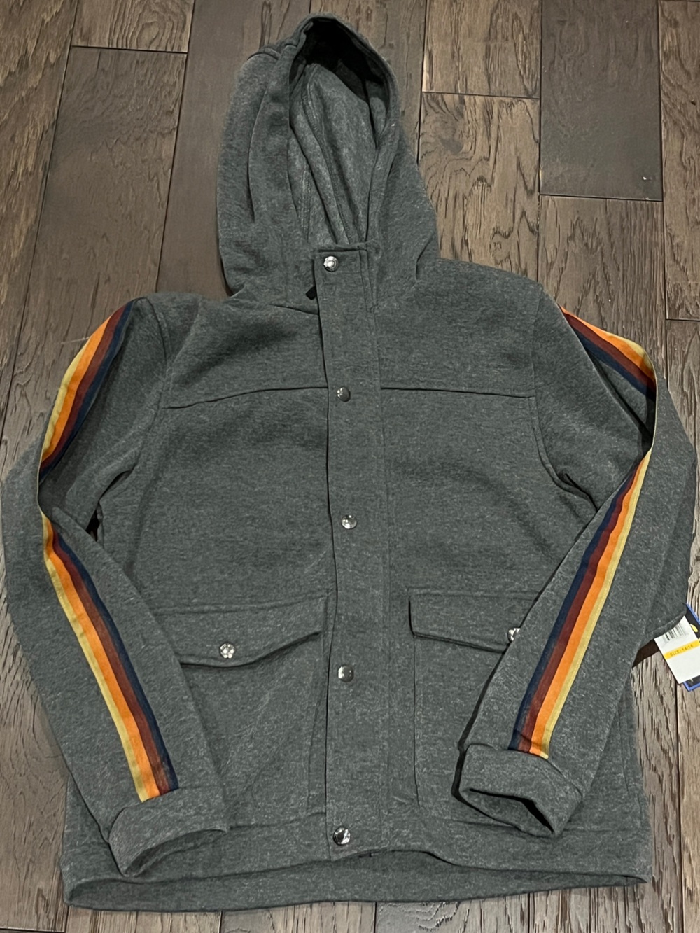 Hooded Gray Jacket with Multicolor Sleeve Stripes